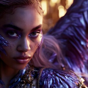 AI-generated fantasy art of beautiful divine female warrior angels descending from heaven — golden halos, enormous shimmering wings. By Jeff Dupler.