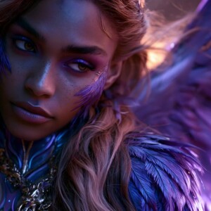 AI-generated fantasy art of beautiful divine female warrior angels descending from heaven — golden halos, enormous shimmering wings. By Jeff Dupler.