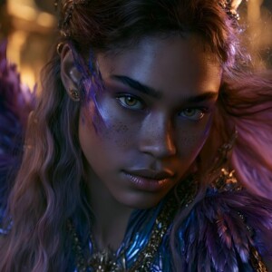 AI-generated fantasy art of beautiful divine female warrior angels descending from heaven — golden halos, enormous shimmering wings. By Jeff Dupler.