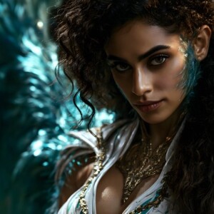 AI-generated fantasy art of beautiful divine female warrior angels descending from heaven — golden halos, enormous shimmering wings. By Jeff Dupler.