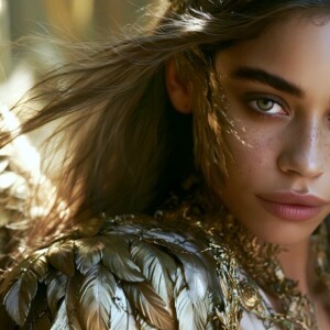 AI-generated fantasy art of beautiful divine female warrior angels descending from heaven — golden halos, enormous shimmering wings. By Jeff Dupler.