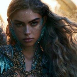 AI-generated fantasy art of beautiful divine female warrior angels descending from heaven — golden halos, enormous shimmering wings. By Jeff Dupler.