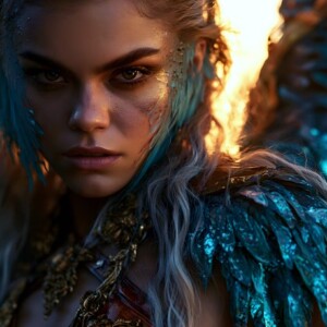 AI-generated fantasy art of beautiful divine female warrior angels descending from heaven — golden halos, enormous shimmering wings. By Jeff Dupler.