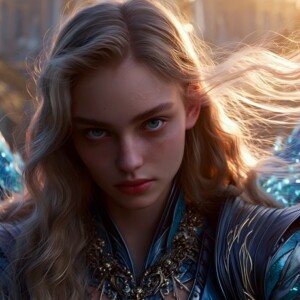 AI-generated fantasy art of beautiful divine female warrior angels descending from heaven — golden halos, enormous shimmering wings. By Jeff Dupler.