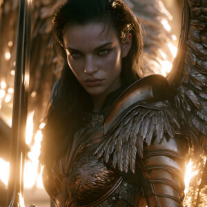 AI-generated holy archangel art — beautiful divine female angels with massive feathered wings and golden halos in cinematic celestial settings. UHD by Jeff Dupler.