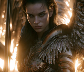 AI-generated holy archangel art — beautiful divine female angels with massive feathered wings and golden halos in cinematic celestial settings. UHD by Jeff Dupler.