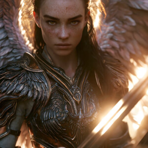 AI-generated holy archangel art — beautiful divine female angels with massive feathered wings and golden halos in cinematic celestial settings. UHD by Jeff Dupler.