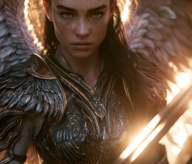 AI-generated holy archangel art — beautiful divine female angels with massive feathered wings and golden halos in cinematic celestial settings. UHD by Jeff Dupler.
