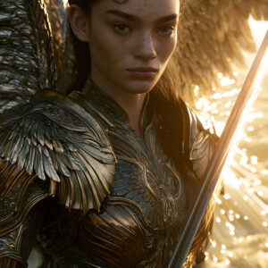 AI-generated holy archangel art — beautiful divine female angels with massive feathered wings and golden halos in cinematic celestial settings. UHD by Jeff Dupler.