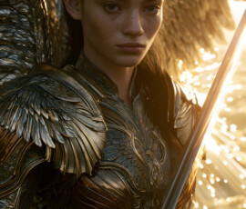 AI-generated holy archangel art — beautiful divine female angels with massive feathered wings and golden halos in cinematic celestial settings. UHD by Jeff Dupler.