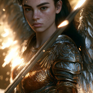 AI-generated holy archangel art — beautiful divine female angels with massive feathered wings and golden halos in cinematic celestial settings. UHD by Jeff Dupler.