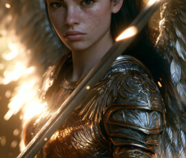 AI-generated holy archangel art — beautiful divine female angels with massive feathered wings and golden halos in cinematic celestial settings. UHD by Jeff Dupler.