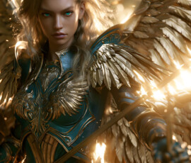 AI-generated holy archangel art — beautiful divine female angels with massive feathered wings and golden halos in cinematic celestial settings. UHD by Jeff Dupler.