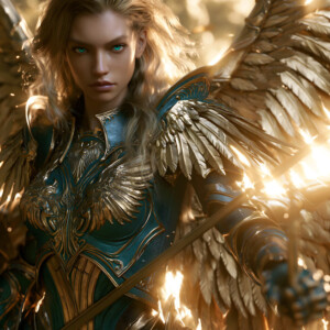 AI-generated holy archangel art — beautiful divine female angels with massive feathered wings and golden halos in cinematic celestial settings. UHD by Jeff Dupler.