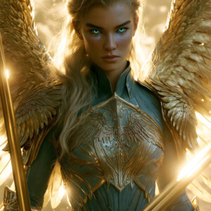 AI-generated holy archangel art — beautiful divine female angels with massive feathered wings and golden halos in cinematic celestial settings. UHD by Jeff Dupler.