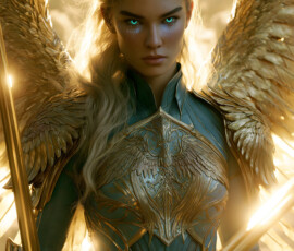 AI-generated holy archangel art — beautiful divine female angels with massive feathered wings and golden halos in cinematic celestial settings. UHD by Jeff Dupler.
