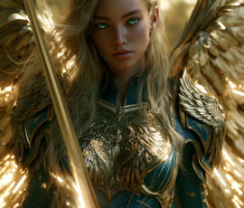 AI-generated holy archangel art — beautiful divine female angels with massive feathered wings and golden halos in cinematic celestial settings. UHD by Jeff Dupler.