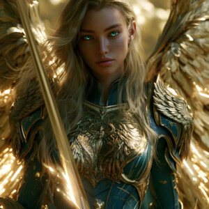 AI-generated holy archangel art — beautiful divine female angels with massive feathered wings and golden halos in cinematic celestial settings. UHD by Jeff Dupler.