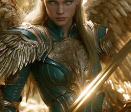 AI-generated holy archangel art — beautiful divine female angels with massive feathered wings and golden halos in cinematic celestial settings. UHD by Jeff Dupler.