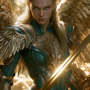 AI-generated holy archangel art — beautiful divine female angels with massive feathered wings and golden halos in cinematic celestial settings. UHD by Jeff Dupler.