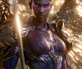 AI-generated holy archangel art — beautiful divine female angels with massive feathered wings and golden halos in cinematic celestial settings. UHD by Jeff Dupler.