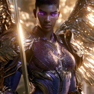 AI-generated holy archangel art — beautiful divine female angels with massive feathered wings and golden halos in cinematic celestial settings. UHD by Jeff Dupler.