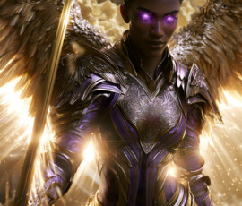 AI-generated holy archangel art — beautiful divine female angels with massive feathered wings and golden halos in cinematic celestial settings. UHD by Jeff Dupler.