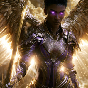 AI-generated holy archangel art — beautiful divine female angels with massive feathered wings and golden halos in cinematic celestial settings. UHD by Jeff Dupler.