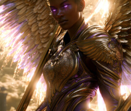 AI-generated holy archangel art — beautiful divine female angels with massive feathered wings and golden halos in cinematic celestial settings. UHD by Jeff Dupler.