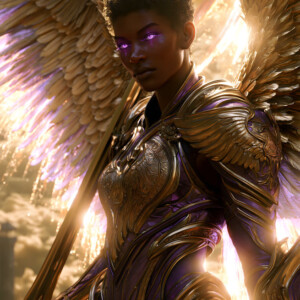 AI-generated holy archangel art — beautiful divine female angels with massive feathered wings and golden halos in cinematic celestial settings. UHD by Jeff Dupler.