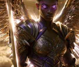 AI-generated holy archangel art — beautiful divine female angels with massive feathered wings and golden halos in cinematic celestial settings. UHD by Jeff Dupler.
