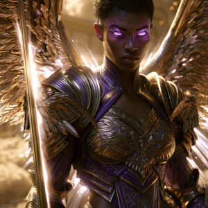 AI-generated holy archangel art — beautiful divine female angels with massive feathered wings and golden halos in cinematic celestial settings. UHD by Jeff Dupler.