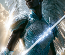 AI-generated holy archangel art — beautiful divine female angels with massive feathered wings and golden halos in cinematic celestial settings. UHD by Jeff Dupler.