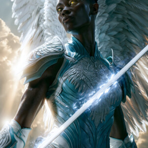 AI-generated holy archangel art — beautiful divine female angels with massive feathered wings and golden halos in cinematic celestial settings. UHD by Jeff Dupler.