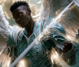 AI-generated holy archangel art — beautiful divine female angels with massive feathered wings and golden halos in cinematic celestial settings. UHD by Jeff Dupler.