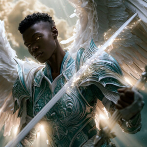AI-generated holy archangel art — beautiful divine female angels with massive feathered wings and golden halos in cinematic celestial settings. UHD by Jeff Dupler.