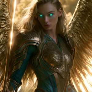 AI-generated holy archangel art — beautiful divine female angels with massive feathered wings and golden halos in cinematic celestial settings. UHD by Jeff Dupler.