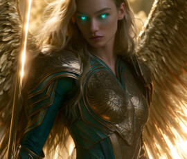 AI-generated holy archangel art — beautiful divine female angels with massive feathered wings and golden halos in cinematic celestial settings. UHD by Jeff Dupler.