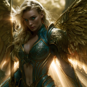 AI-generated holy archangel art — beautiful divine female angels with massive feathered wings and golden halos in cinematic celestial settings. UHD by Jeff Dupler.
