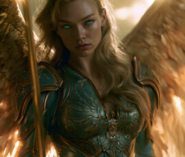 AI-generated holy archangel art — beautiful divine female angels with massive feathered wings and golden halos in cinematic celestial settings. UHD by Jeff Dupler.