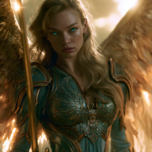 AI-generated holy archangel art — beautiful divine female angels with massive feathered wings and golden halos in cinematic celestial settings. UHD by Jeff Dupler.