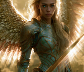 AI-generated holy archangel art — beautiful divine female angels with massive feathered wings and golden halos in cinematic celestial settings. UHD by Jeff Dupler.