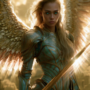 AI-generated holy archangel art — beautiful divine female angels with massive feathered wings and golden halos in cinematic celestial settings. UHD by Jeff Dupler.