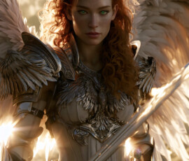AI-generated holy archangel art — beautiful divine female angels with massive feathered wings and golden halos in cinematic celestial settings. UHD by Jeff Dupler.