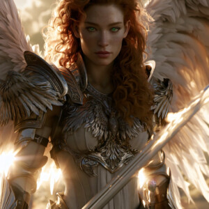 AI-generated holy archangel art — beautiful divine female angels with massive feathered wings and golden halos in cinematic celestial settings. UHD by Jeff Dupler.