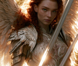 AI-generated holy archangel art — beautiful divine female angels with massive feathered wings and golden halos in cinematic celestial settings. UHD by Jeff Dupler.