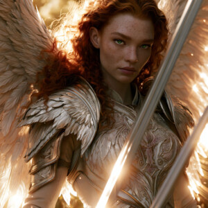 AI-generated holy archangel art — beautiful divine female angels with massive feathered wings and golden halos in cinematic celestial settings. UHD by Jeff Dupler.
