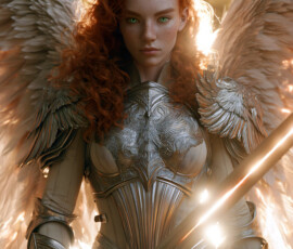 AI-generated holy archangel art — beautiful divine female angels with massive feathered wings and golden halos in cinematic celestial settings. UHD by Jeff Dupler.
