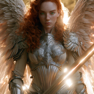 AI-generated holy archangel art — beautiful divine female angels with massive feathered wings and golden halos in cinematic celestial settings. UHD by Jeff Dupler.