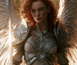 AI-generated holy archangel art — beautiful divine female angels with massive feathered wings and golden halos in cinematic celestial settings. UHD by Jeff Dupler.